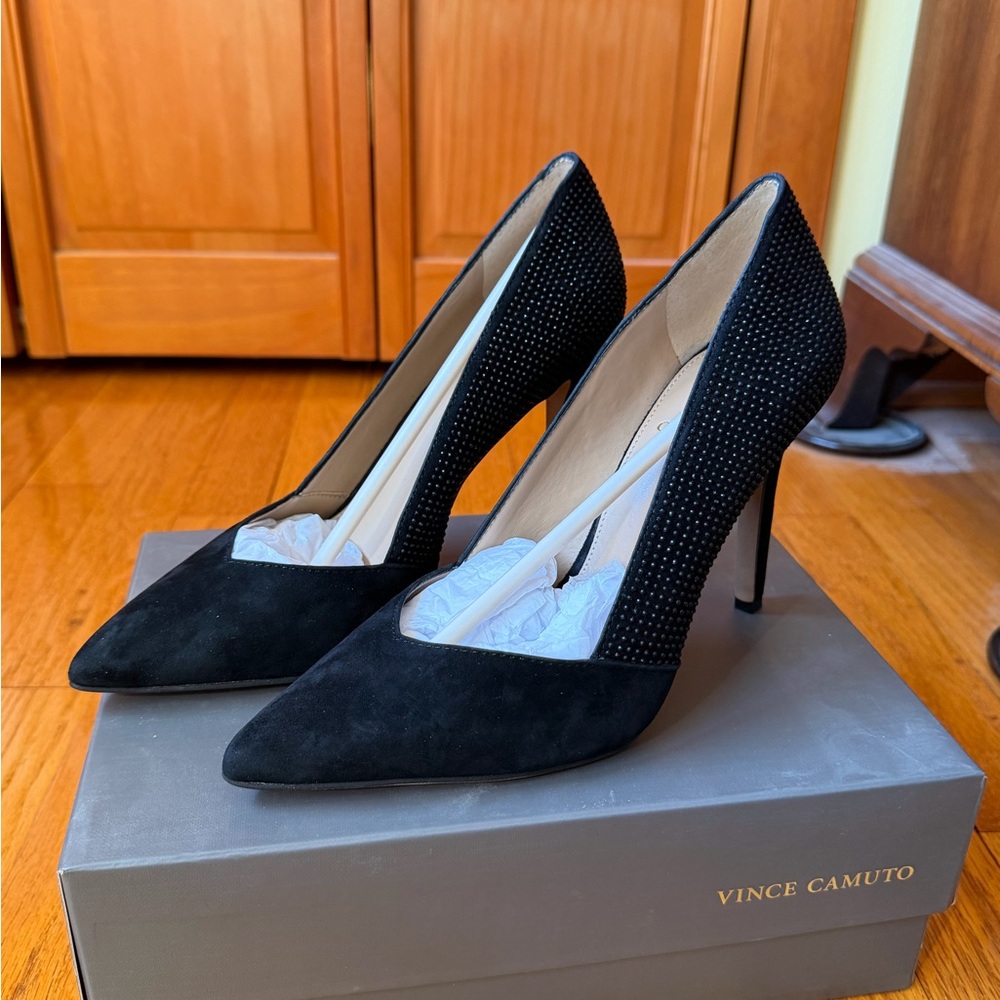 Vince Camuto Black Suede Pointed Toe Studded Stiletto Pumps
